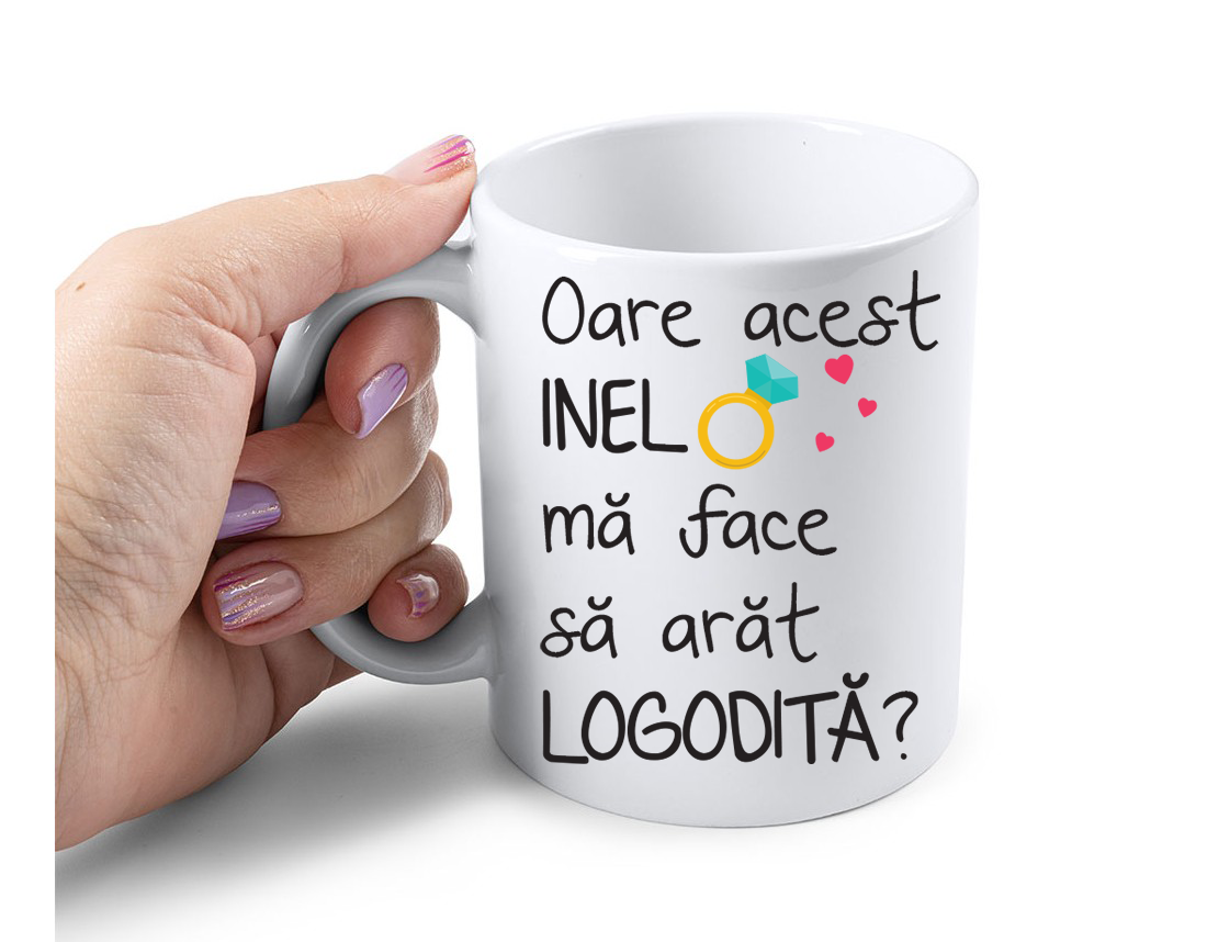 Cana Personalizata – Oare acest inel ma face sa arat logodita, 350ml