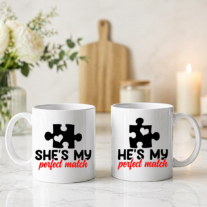 Set 2 Cani Personalizate – She’s my Perfect Match, He’s my Perfect Match, 350ml